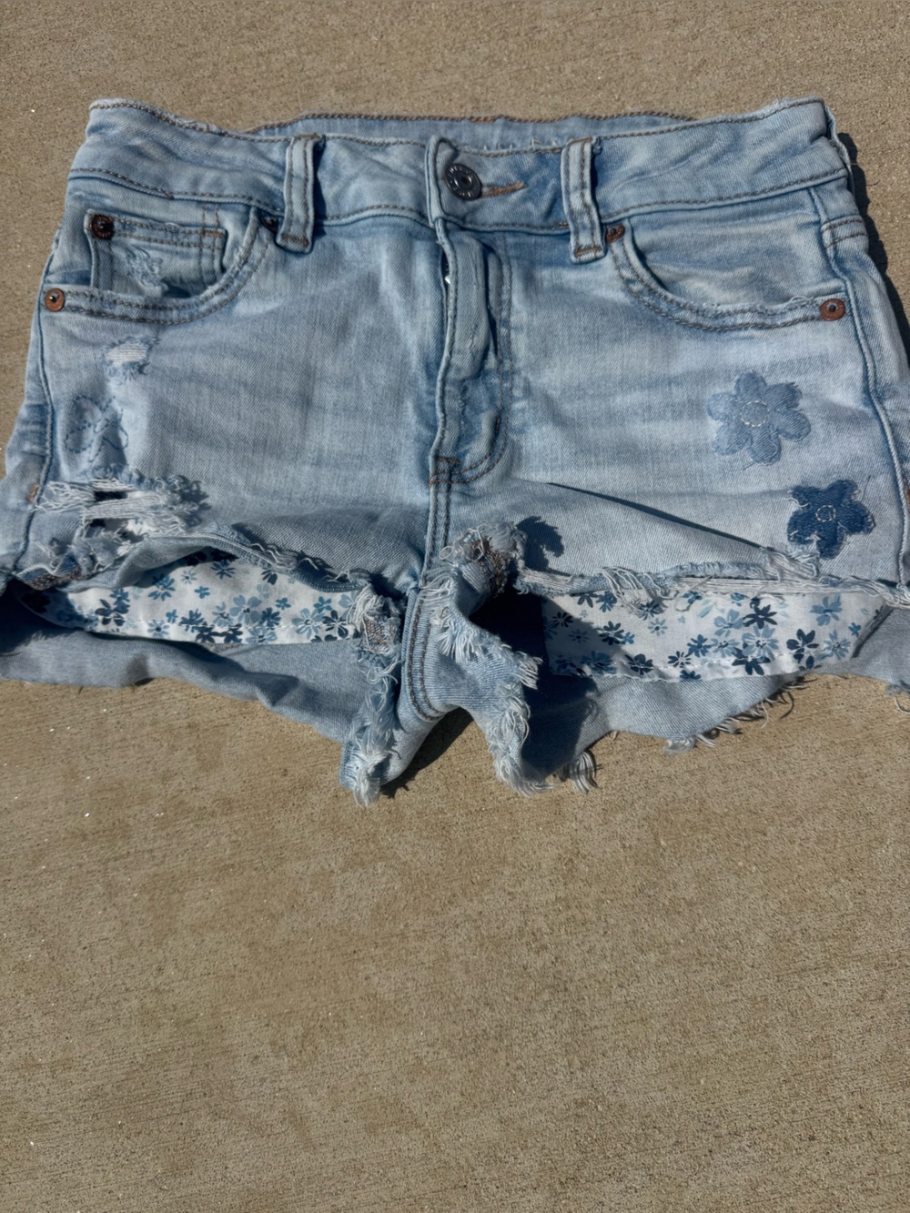 American Eagle Outfitters Light Blue Floral-Trim Denim Shorts